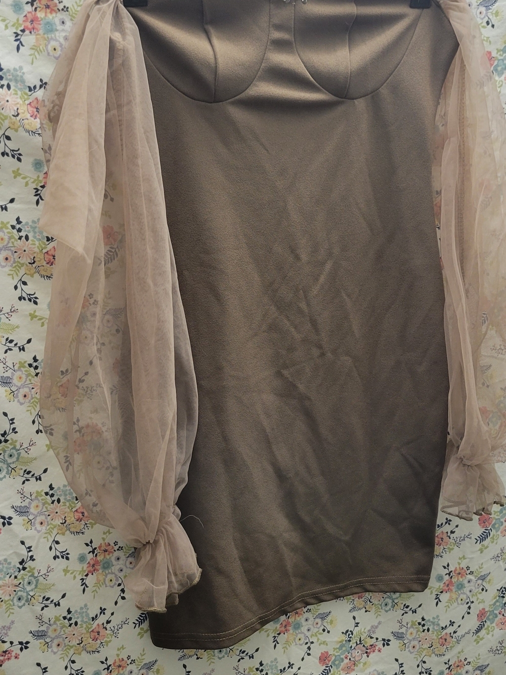 SHEIN Brown Dress with Sheer Puff Sleeves